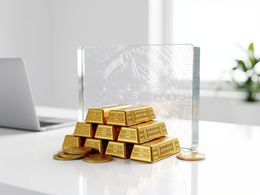 Lingotes y monedas de oro apilados sobre escritorio con portátil y planta al fondo