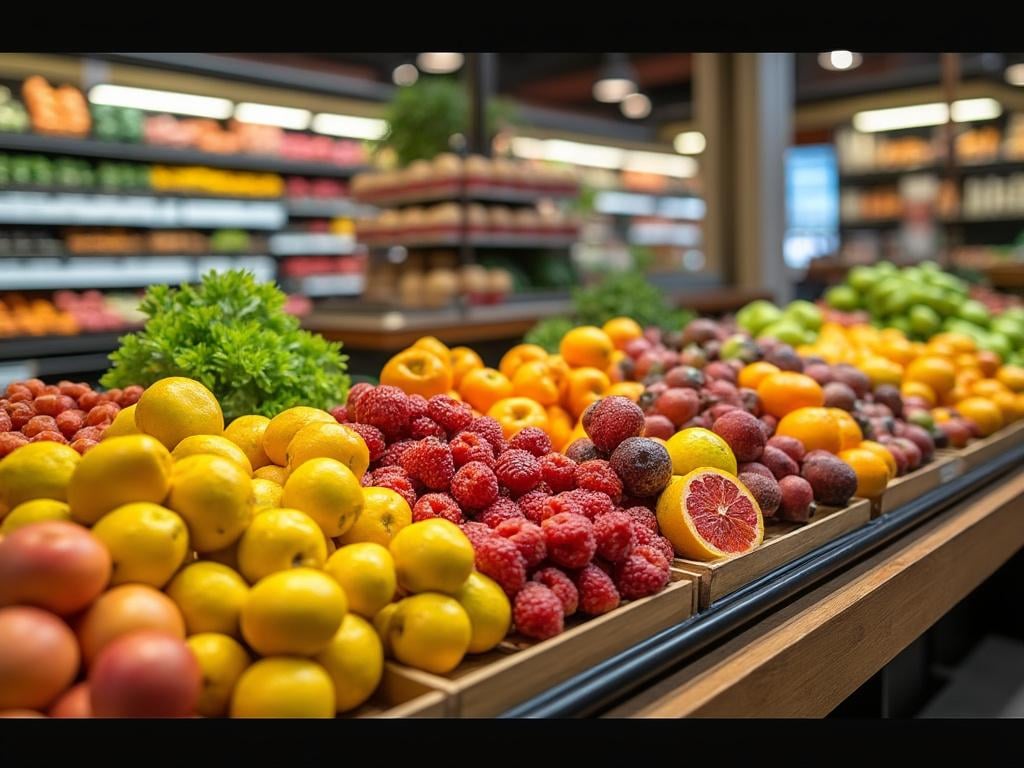 Exhibición colorida de frutas frescas en un supermercado, incluyendo limones, frambuesas, y otros cítricos.