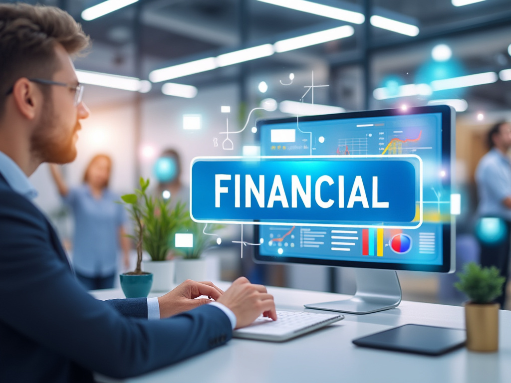 Analista financiero trabajando en oficina con gráficos de datos y panel digital de finanzas en pantalla