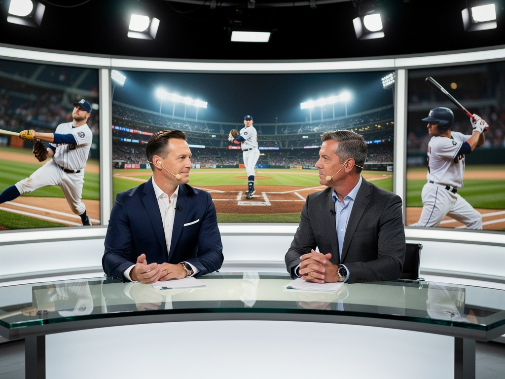 Comentaristas deportivos en estudio de televisión analizando un partido de béisbol con pantallas de jugadores en estadio