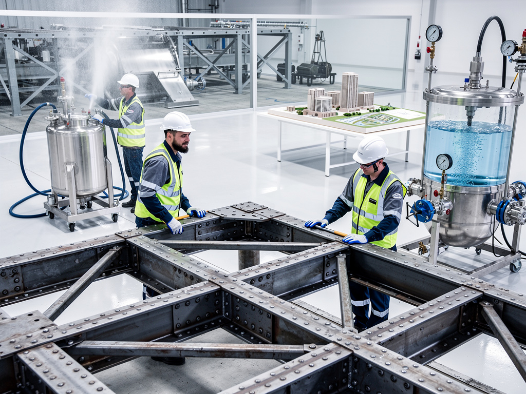 Ingenieros con casco inspeccionan estructura metálica en laboratorio industrial con tanques presurizados y maqueta urbana