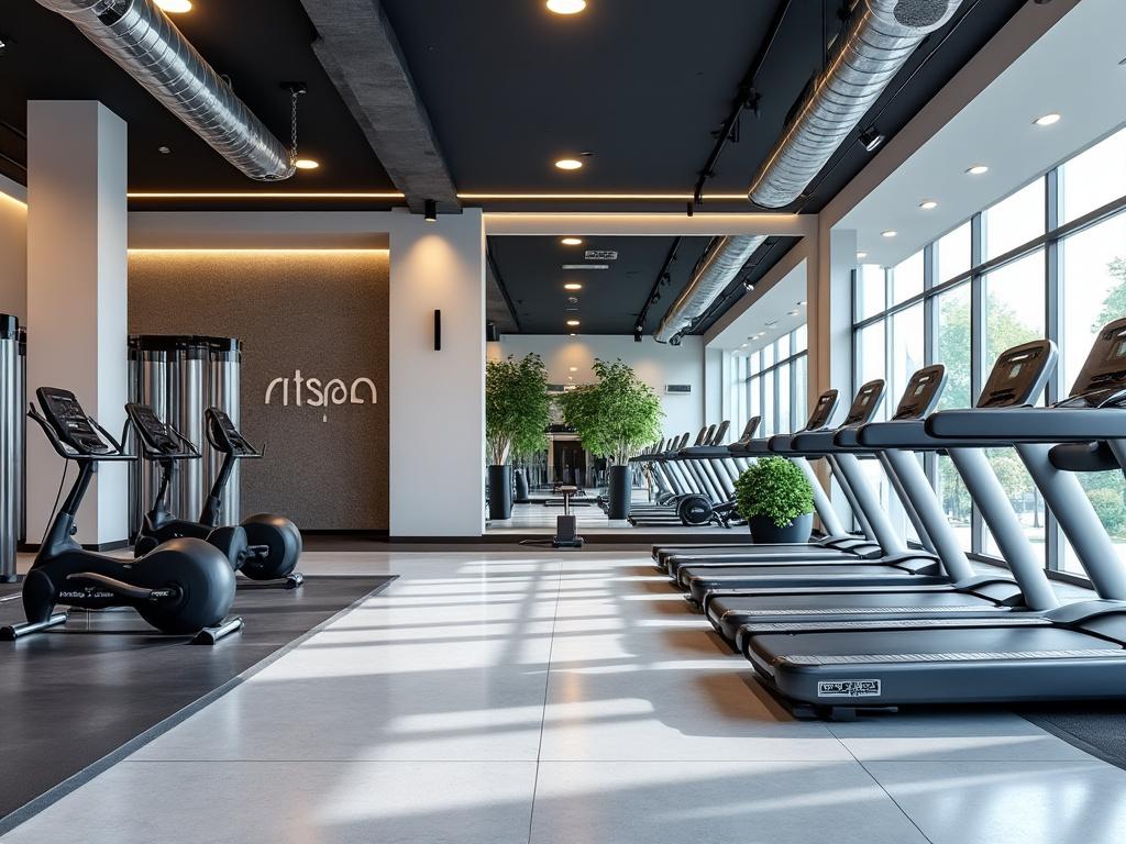 Gimnasio moderno con cintas de correr, bicicletas estáticas y plantas decorativas, con ventanas grandes que permiten la entrada de luz natural.