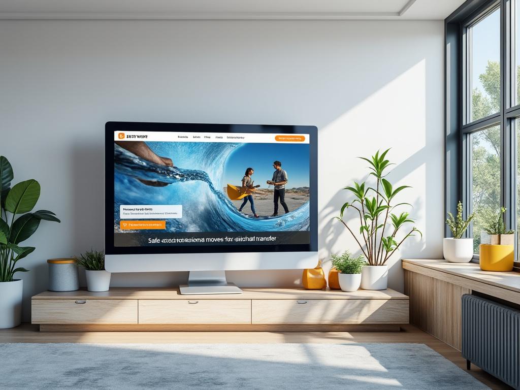 Sala de estar moderna con televisor, muebles y plantas cerca de una ventana grande.