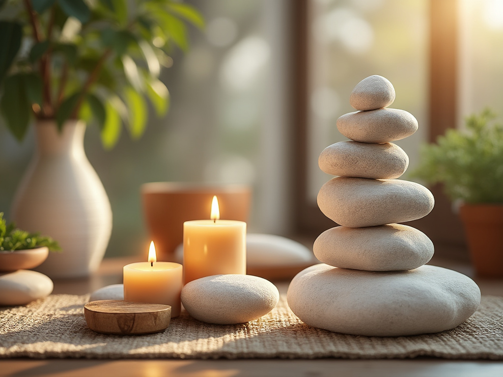 Serene scene with stacked stones and lit candles on a woven mat surrounded by indoor plants.