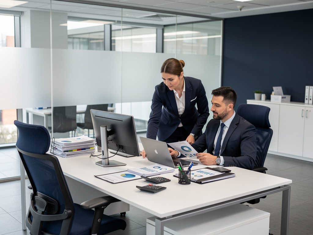 Equipo de negocios analizando informes financieros en una oficina moderna