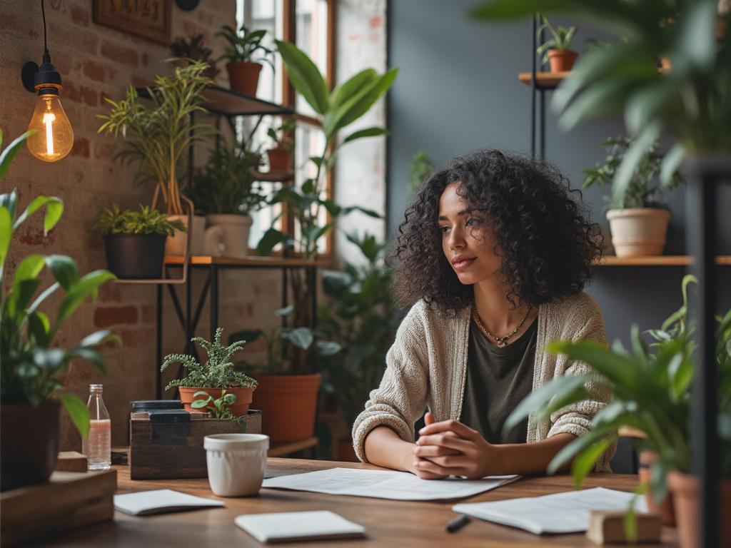 Woman sitting at a wooden table surrounded by indoor plants, with a warm light bulb hanging on a brick wall background.