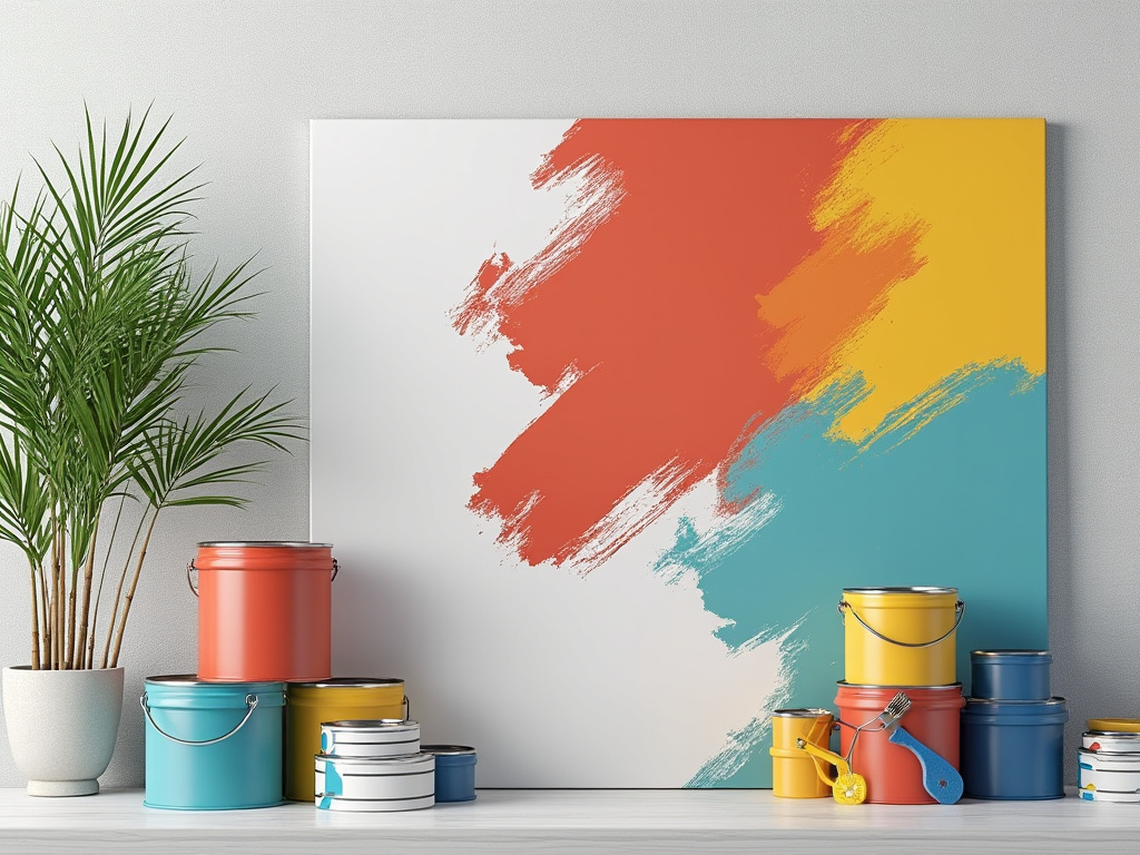 Latas de pintura multicolores junto a un cuadro con pinceladas abstractas en tonos rojo, amarillo y azul, con una planta verde al costado.