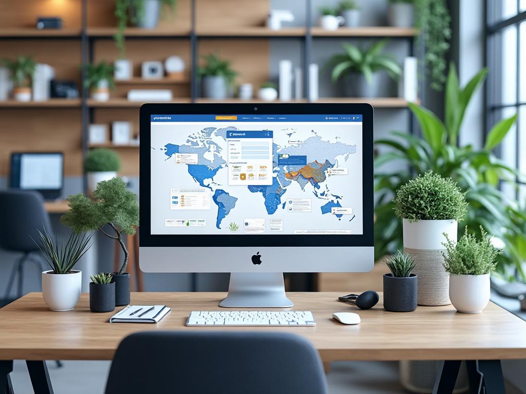 Oficina moderna con computadora Mac mostrando mapa del mundo en pantalla, rodeada de plantas y estantes de madera.