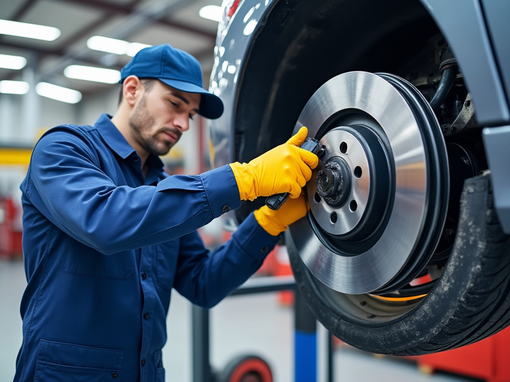 Mecánico revisando el disco de freno de un automóvil en un taller.