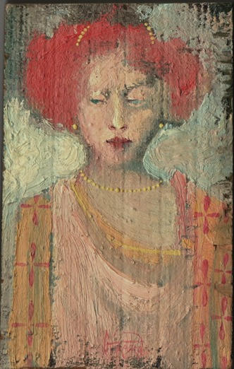 Red Headed Woman. Oil on wood. Approx. 2" x 4".