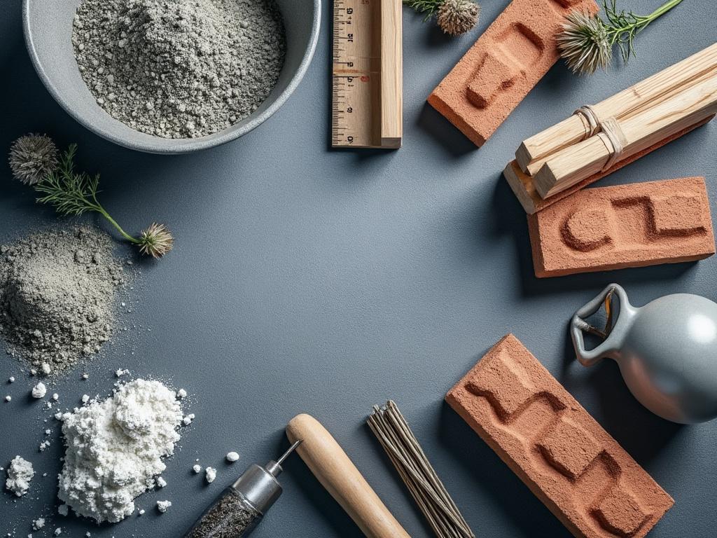 Materiales de construcción en un fondo gris, incluyendo ladrillos de arcilla, regla de madera, polvo de cemento en cuencos, y herramientas de carpintería.