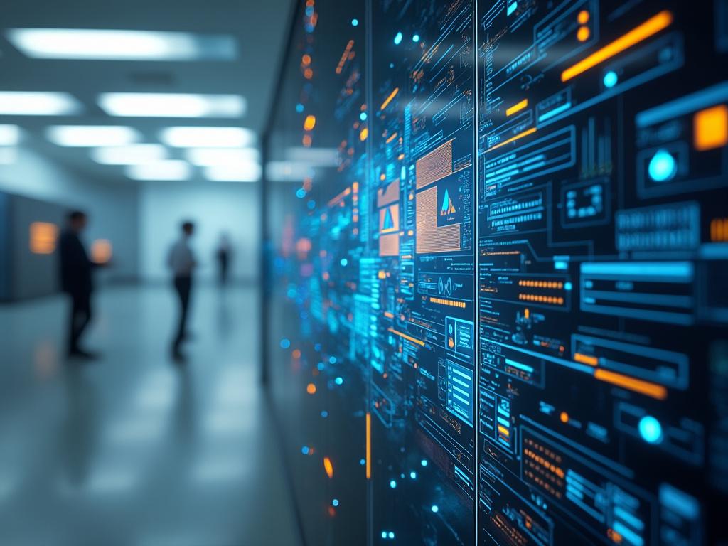 Pantalla digital con datos y gráficos en un entorno de oficina moderna, personas difuminadas al fondo.