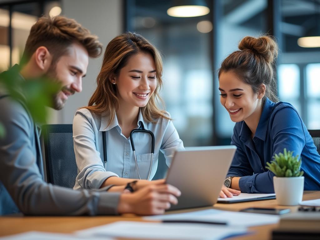 Grupo de personas reunidas en una mesa trabajando en un portátil en una oficina moderna.