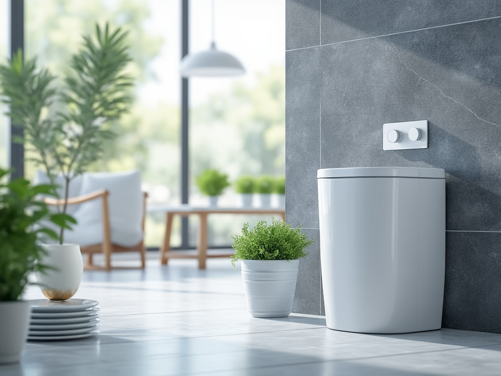 Baño moderno con pared de azulejos grises, inodoro compacto y planta decorativa en maceta blanca.