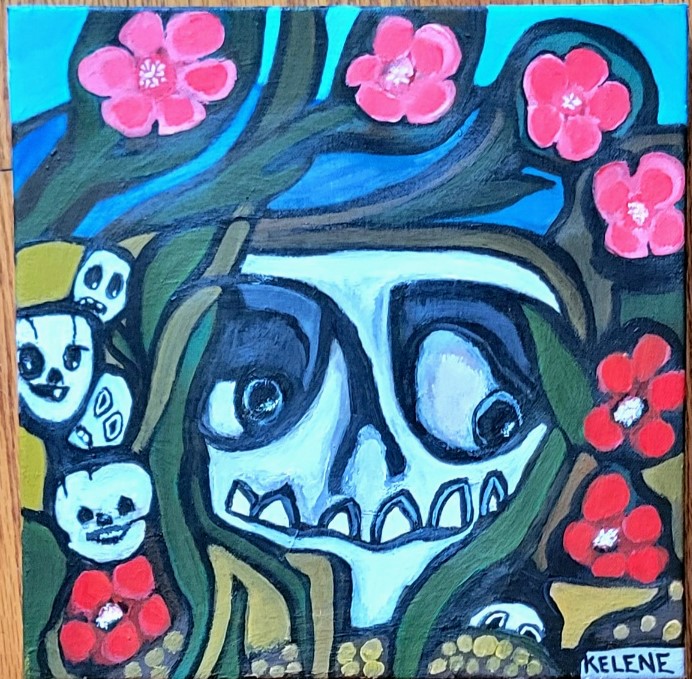 Title Skulls Hiding 12 x 12 acrylic on canvas Kelene 2024 $180.00