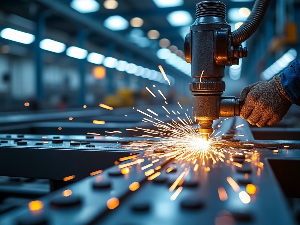 Proceso de soldadura en acción con chispas volando, operario trabajando en un taller industrial bien iluminado.
