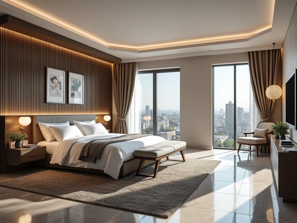 Habitación moderna con cama king size, iluminación elegante, vistas urbanas a través de grandes ventanales y decoración minimalista.