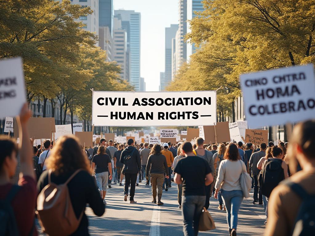 Multitud de personas participan en una manifestación de derechos humanos en una avenida arbolada, sosteniendo pancartas y carteles.