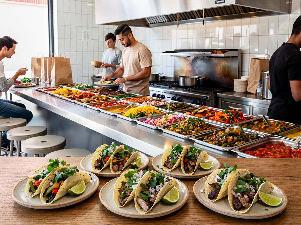 Buffet de tacos mexicanos con verduras frescas y clientes sirviéndose en restaurante moderno