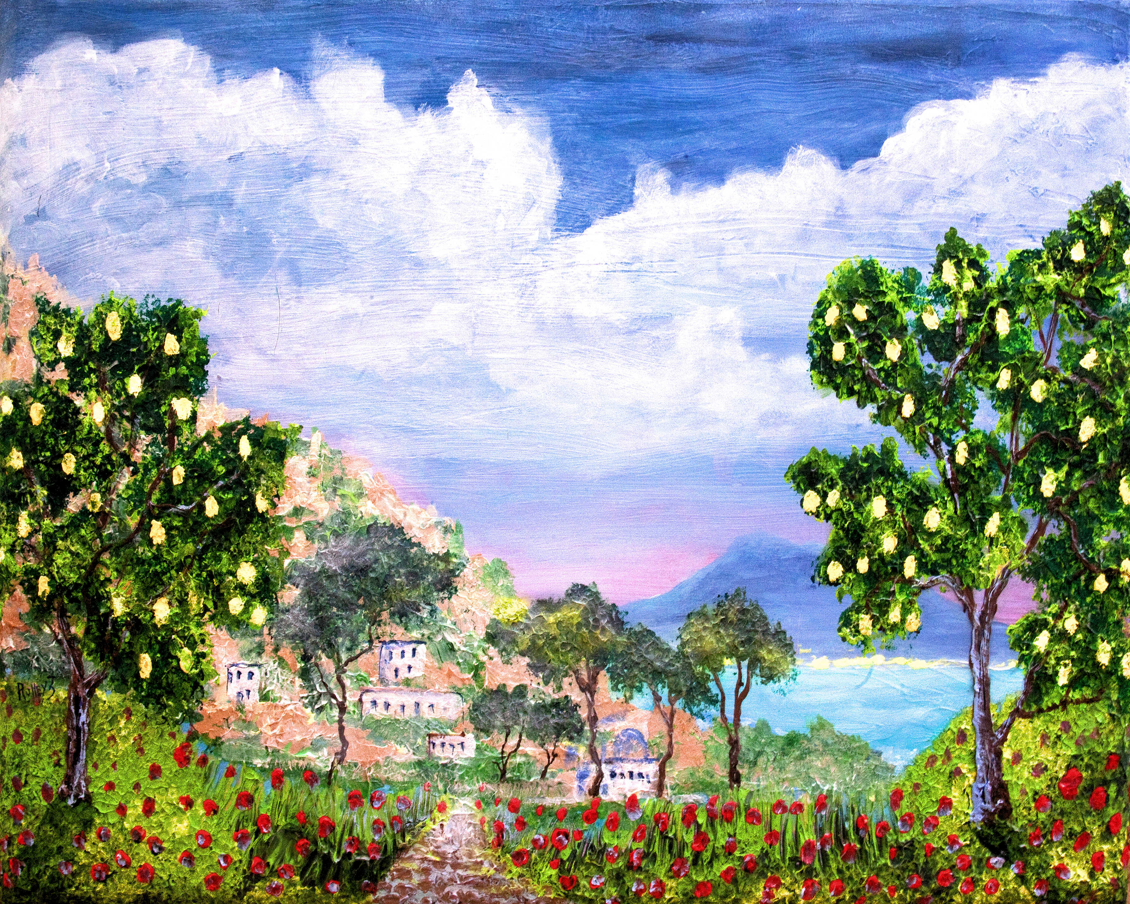 BEGINING OF AMALFI (WITH NAPLES AND VESUVIUS   30X40" $1000 HIGHLIGHTED WITH GLOW IN DARK LUMINESCENT PAINT