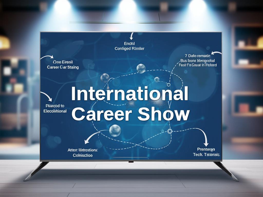 Television screen displaying 'International Career Show' with abstract blue background and directional text overlays.