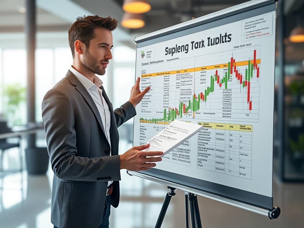 Businessman presenting financial chart on a flip chart in a modern office.