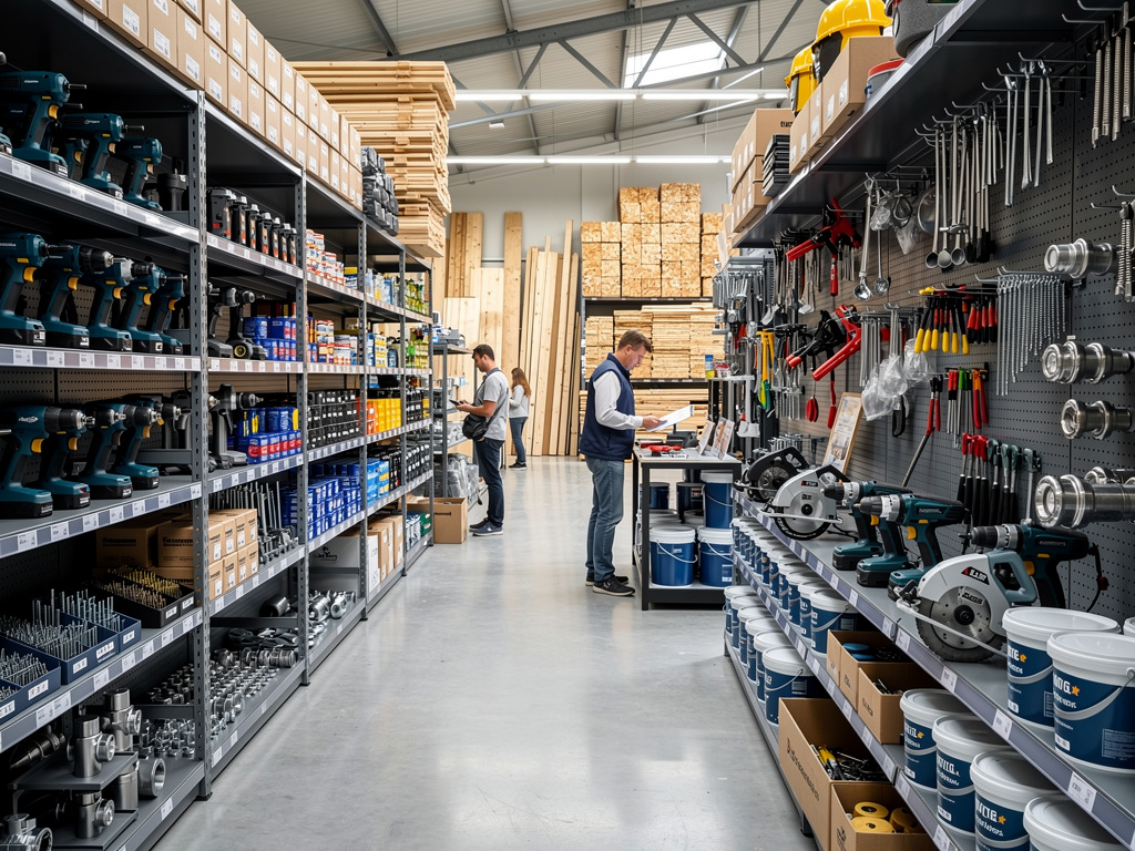 Pasillo de tienda de ferretería con herramientas eléctricas, materiales de construcción y clientes comprando