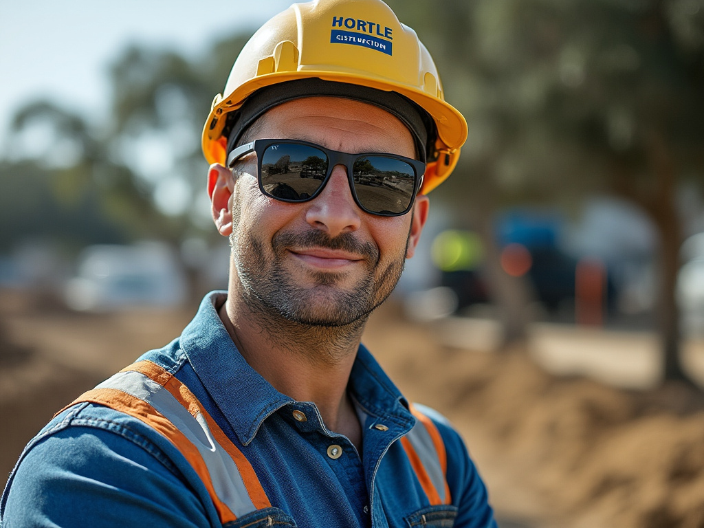 Construction worker in a yellow hard hat and sunglasses smiling at a construction site.