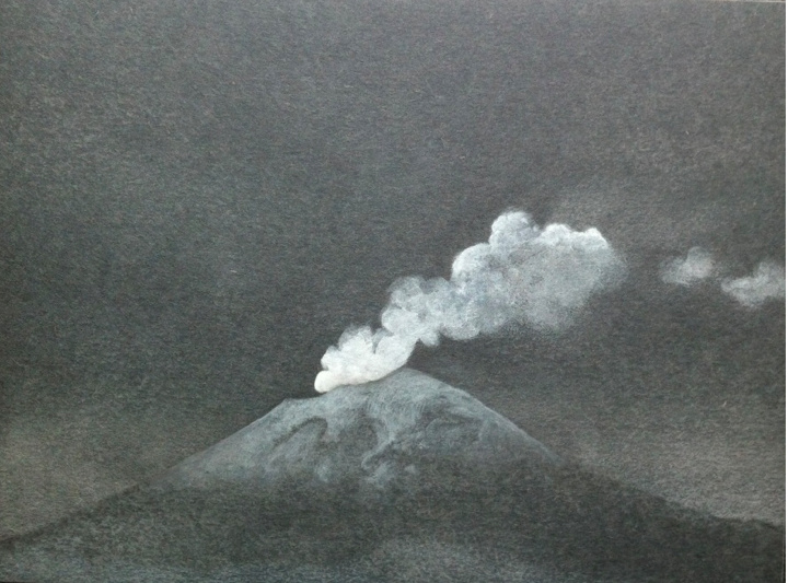 Volcanes Popocatépetl (Night) smoke 2
Gouache y lápiz de color sobre panel
9 x 12 pulgadas
