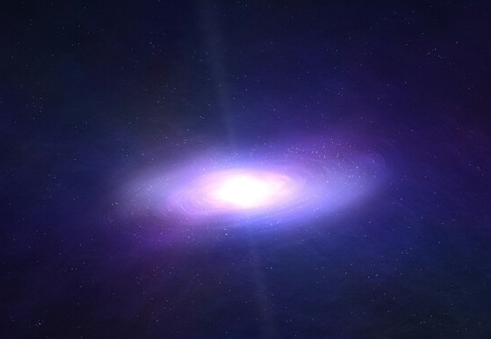 Bright spiral galaxy in deep space with vibrant blue and purple hues, surrounded by distant stars.