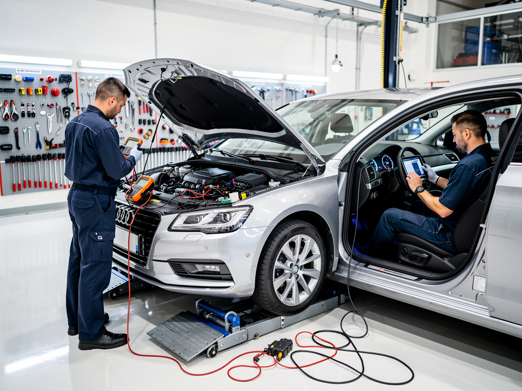 Mecánicos realizando diagnóstico electrónico a un coche en taller con capó abierto y herramientas especializadas Mecánicos realizando diagnóstico electrónico a un coche en taller con capó abierto y herramientas especializadas