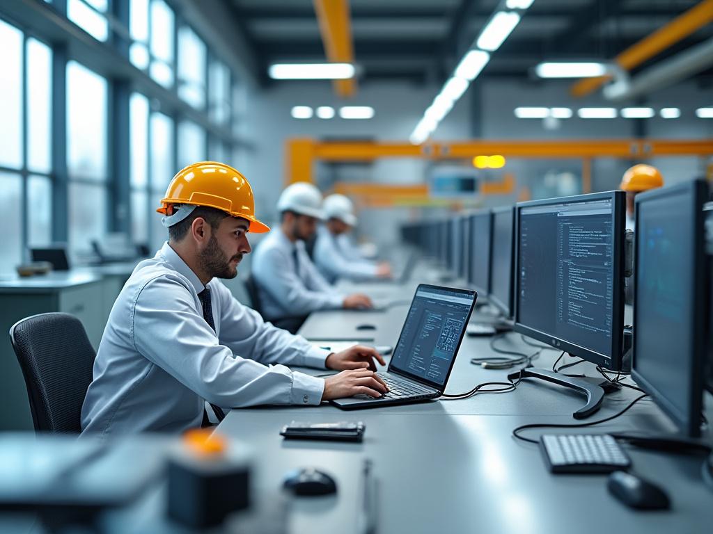 Ingenieros en una oficina moderna trabajando con ordenadores, usando cascos de seguridad amarillos.