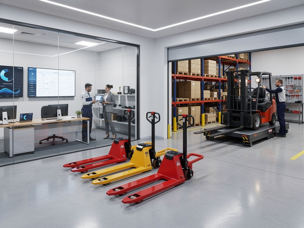 Modern warehouse and office with forklifts, pallet jacks, storage racks, and workers managing logistics operations