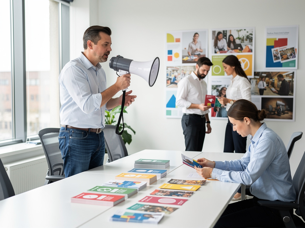 Equipo de marketing revisando folletos y materiales de diseño en oficina moderna con hombre usando megáfono