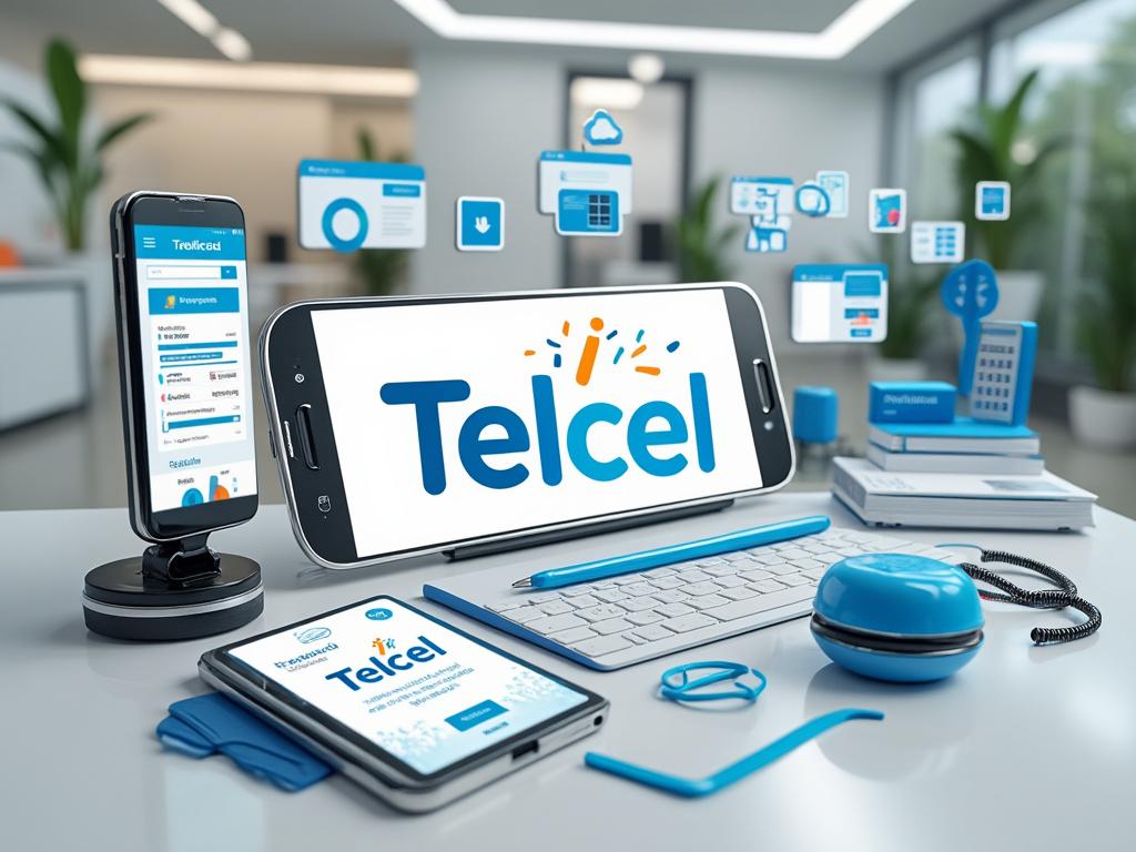 Dispositivos móviles y computadora mostrando aplicaciones y logotipo de Telcel sobre una mesa en oficina moderna. Dispositivos móviles y computadora mostrando aplicaciones y logotipo de Telcel sobre una mesa en oficina moderna.