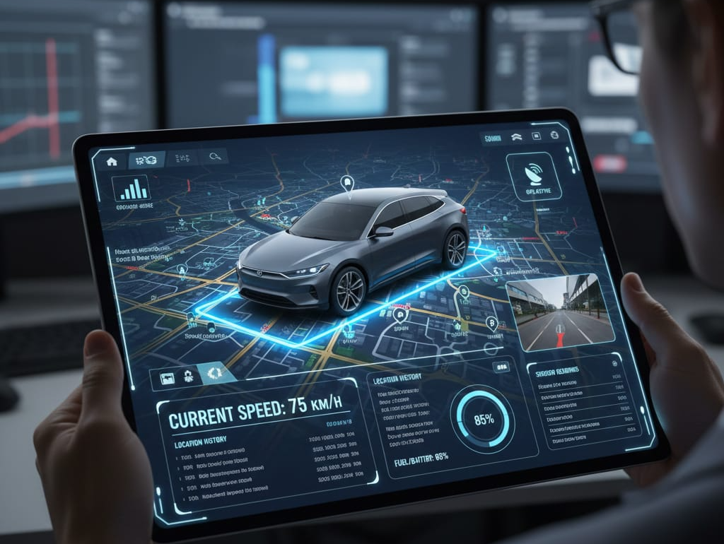 Oficina con pantallas holográficas mostrando datos y gráficos futuristas en ambiente tecnológico.