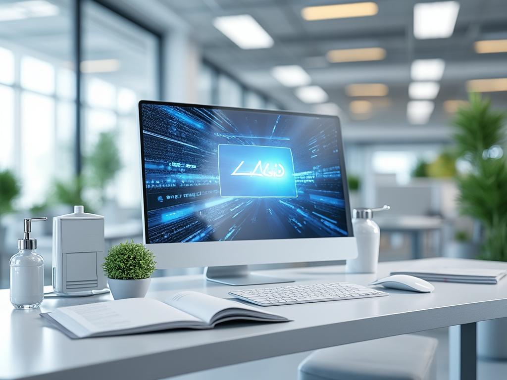 Oficina moderna con ordenador de escritorio, teclado, ratón y planta decorativa, destacando un monitor con pantalla azul con gráficos digitales.