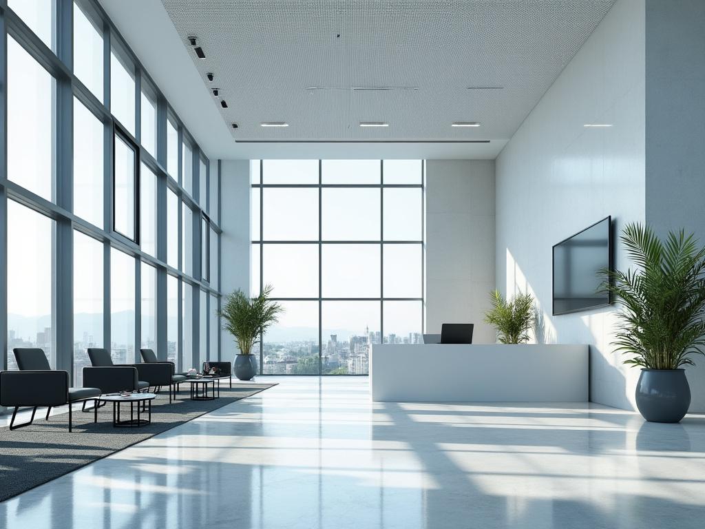 Oficina moderna con grandes ventanales, iluminación natural, plantas decorativas y mobiliario elegante en tonos neutros.