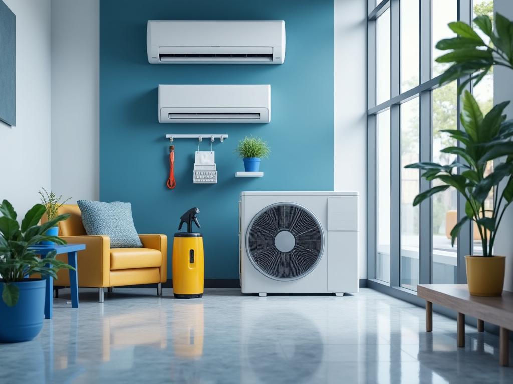 Sala moderna con sillón amarillo, aire acondicionado, y plantas junto a una ventana grande.