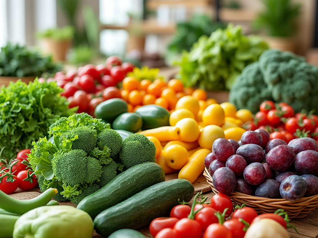 Variedad de frutas y verduras frescas, incluyendo tomates, pepinos, ciruelas, brócoli y lechuga, dispuestas en una mesa.