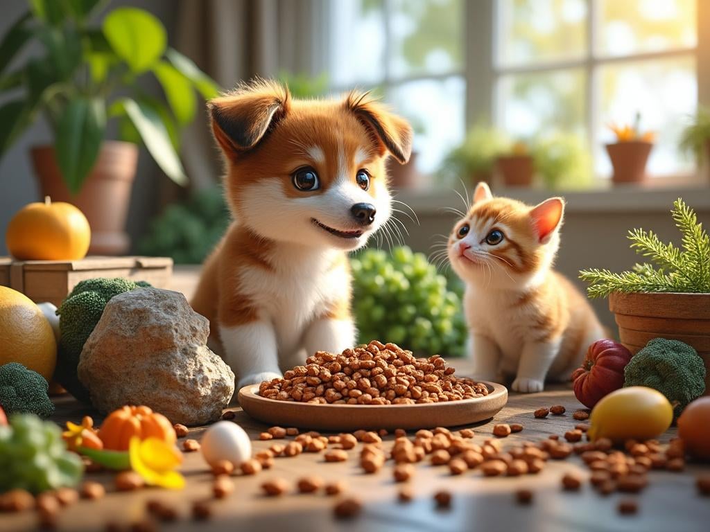 Cachorro y gatito junto a un plato de alimento para mascotas en una cocina luminosa con plantas y verduras