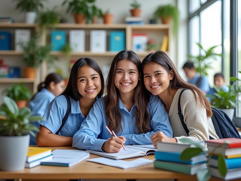 Tres estudiantes sonrientes en una biblioteca, rodeadas de libros y plantas, trabajando juntas en un proyecto.