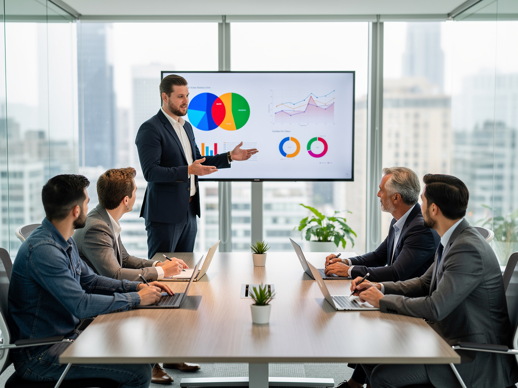 Presentación empresarial en sala de reuniones con equipo analizando gráficos y datos en pantalla