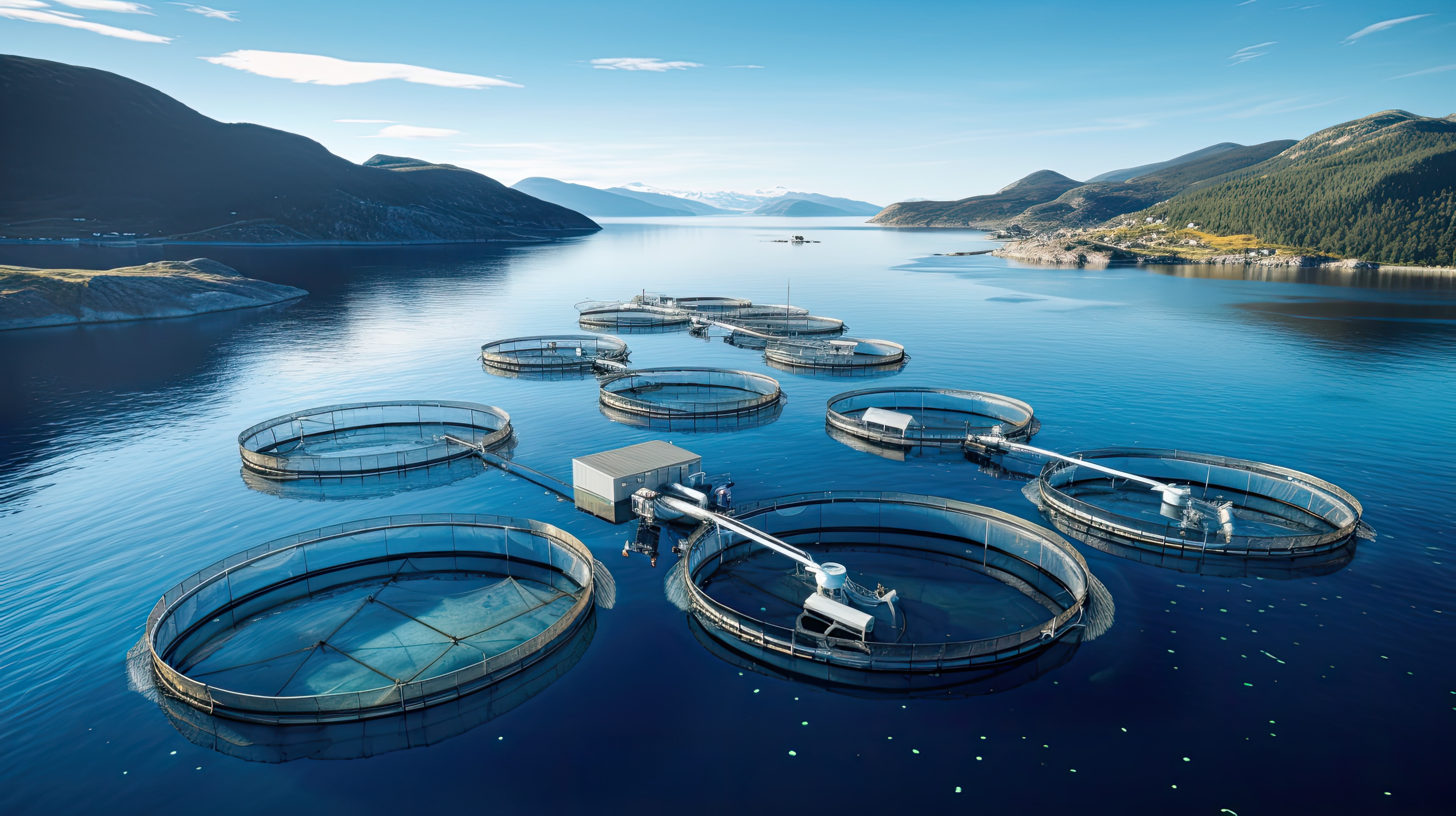 Instalaciones de acuicultura en un lago rodeado de montañas.