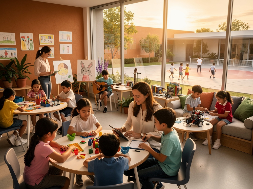 Aula infantil moderna con niños aprendiendo robótica, música y juegos educativos junto a maestras, con patio escolar al atardecer