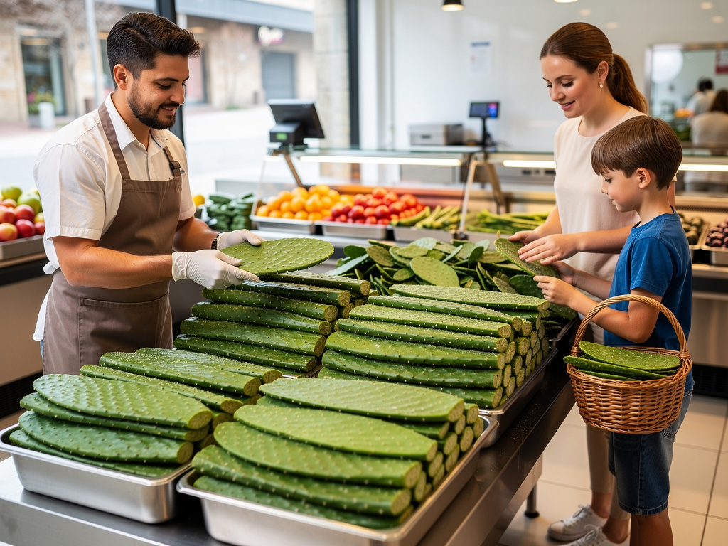Vendedor atendiendo a madre e hijo en mercado con nopales frescos y verduras en exhibición