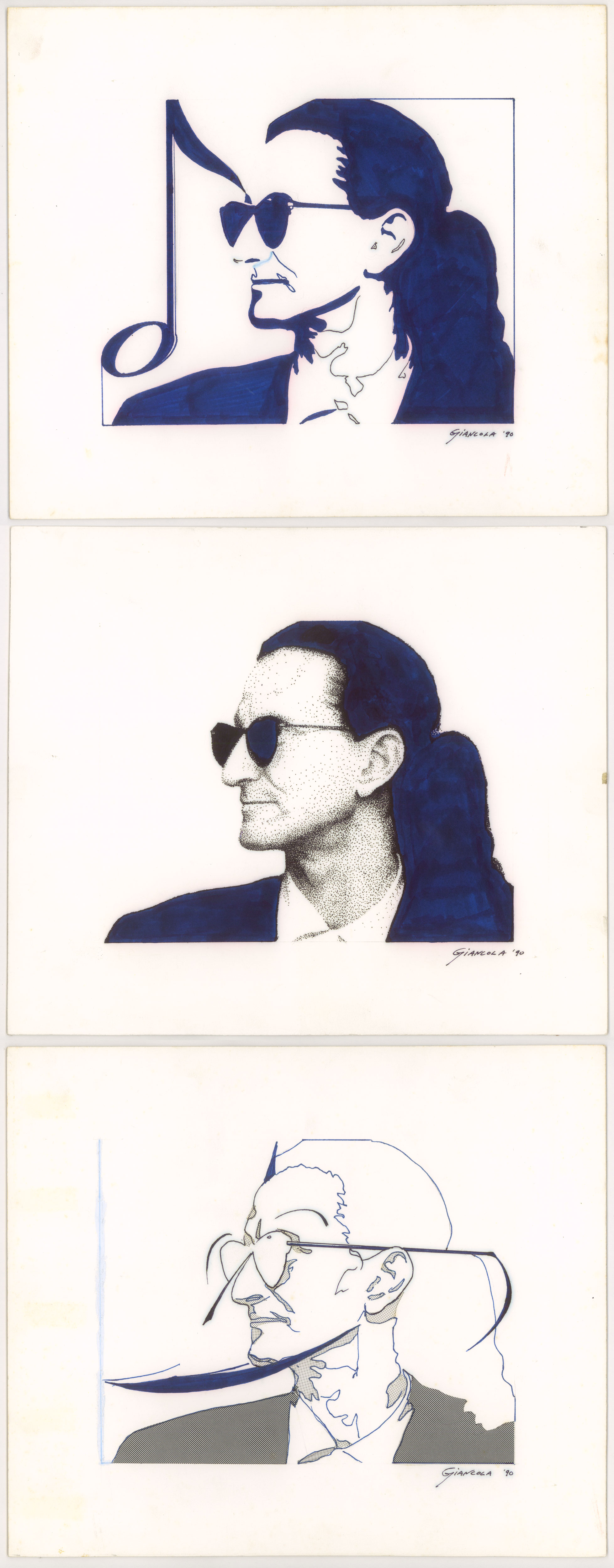Geddy Lee of RUSH
NFS (top)
$300 (middle)
$200 (bottom)
Ink and Zip-a-tone on illustration board
1990
