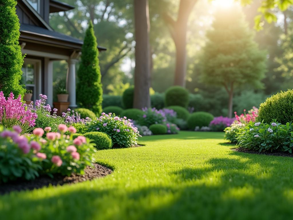 Jardín bien cuidado con césped verde, flores coloridas y árboles con luz solar brillando al fondo.