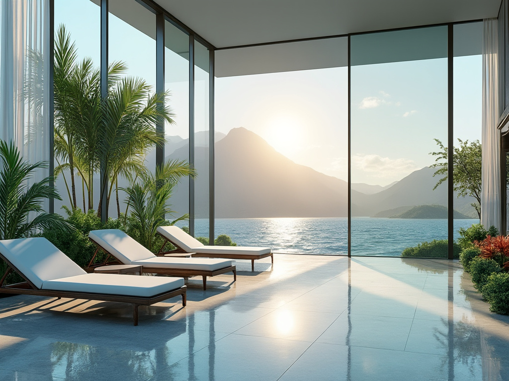Sala lujosa con sillones de descanso, grandes ventanales, vista al mar y montañas al atardecer.