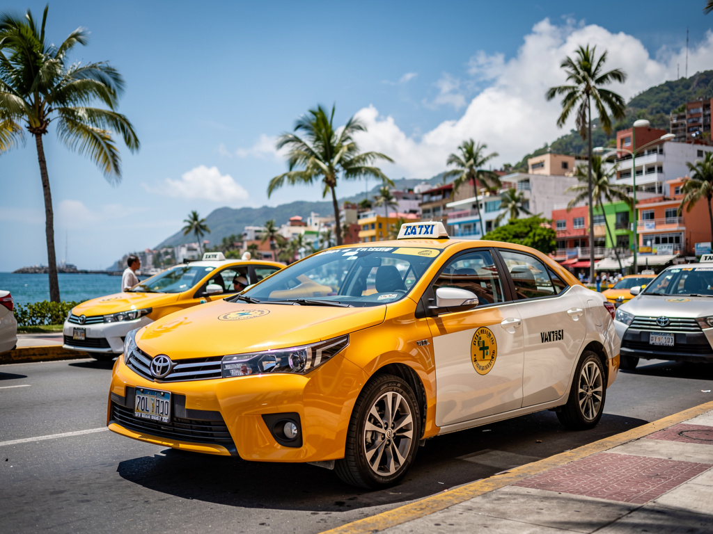 Taxis amarillos en avenida costera tropical con palmeras, edificios coloridos y montañas junto al mar